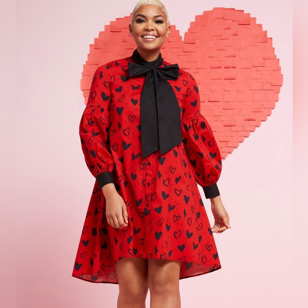 New York & Company Bow-Tie Neck, Hi-Lo Hearts Dress XXL Black/Red